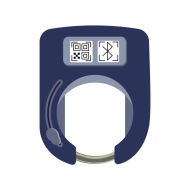 Closed smart bicycle lock in the form of a horseshoe on a white background isolated. Theft protection and payment methods for rent or sharing. Vector flat illustration. QR code and bluetooth clipart