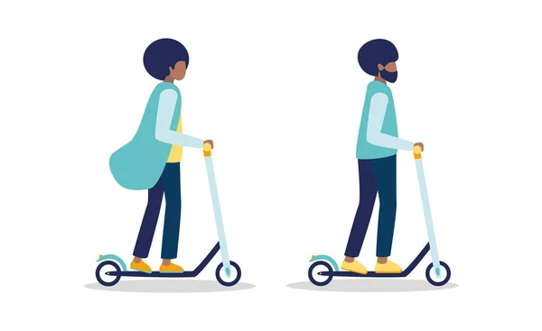 Joven afroamericano chico y chica paseo en scooters electro blanco y negro patada aislado sobre un fondo blanco. Hombre y mujer - pareja se divierten juntos. Ilustración vectorial — Vector de stock