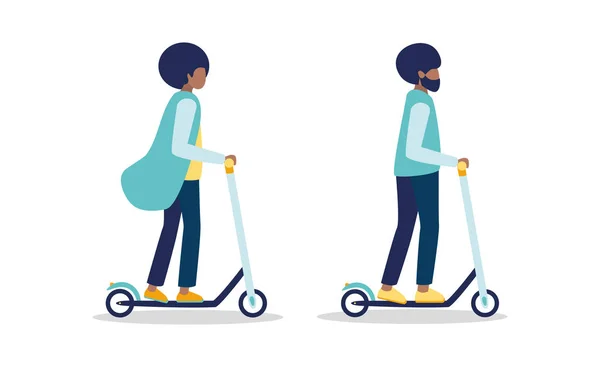 Jonge Afro-Amerikaanse jongen en meisje rijden op zwart-wit electro kick scooters geïsoleerd op een witte achtergrond. Man en vrouw - koppel hebben plezier samen. Vectorillustratie — Stockvector