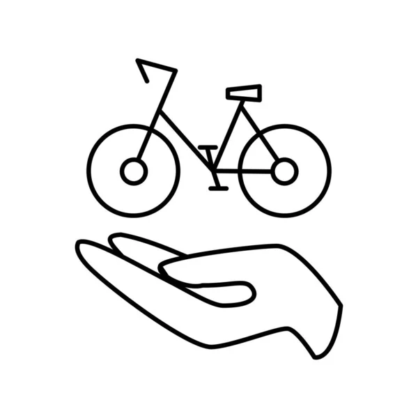 Noleggio bici e condivisione. Linea icona bici con palmo della mano. Bicicletta pubblica ad uso personale. Noleggio e condivisione dei trasporti. Icona lineare del contorno modificabile. Vettore sottile contorno nero . — Vettoriale Stock