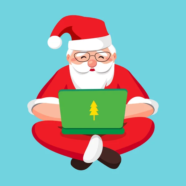 Santa Claus with a laptop, carefully answers incoming letters and gift wishes and receives mail. Santa Claus programming code and relaxed sitting cross-legged isolated. illustration.
