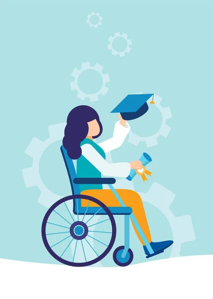 Graduado de una universidad, escuela en silla de ruedas. Una joven discapacitada recibe una maestría o licenciatura y lanza una gorra de graduación. Educación inclusiva, domiciliaria o en línea. Ilustración vectorial — Archivo Imágenes Vectoriales