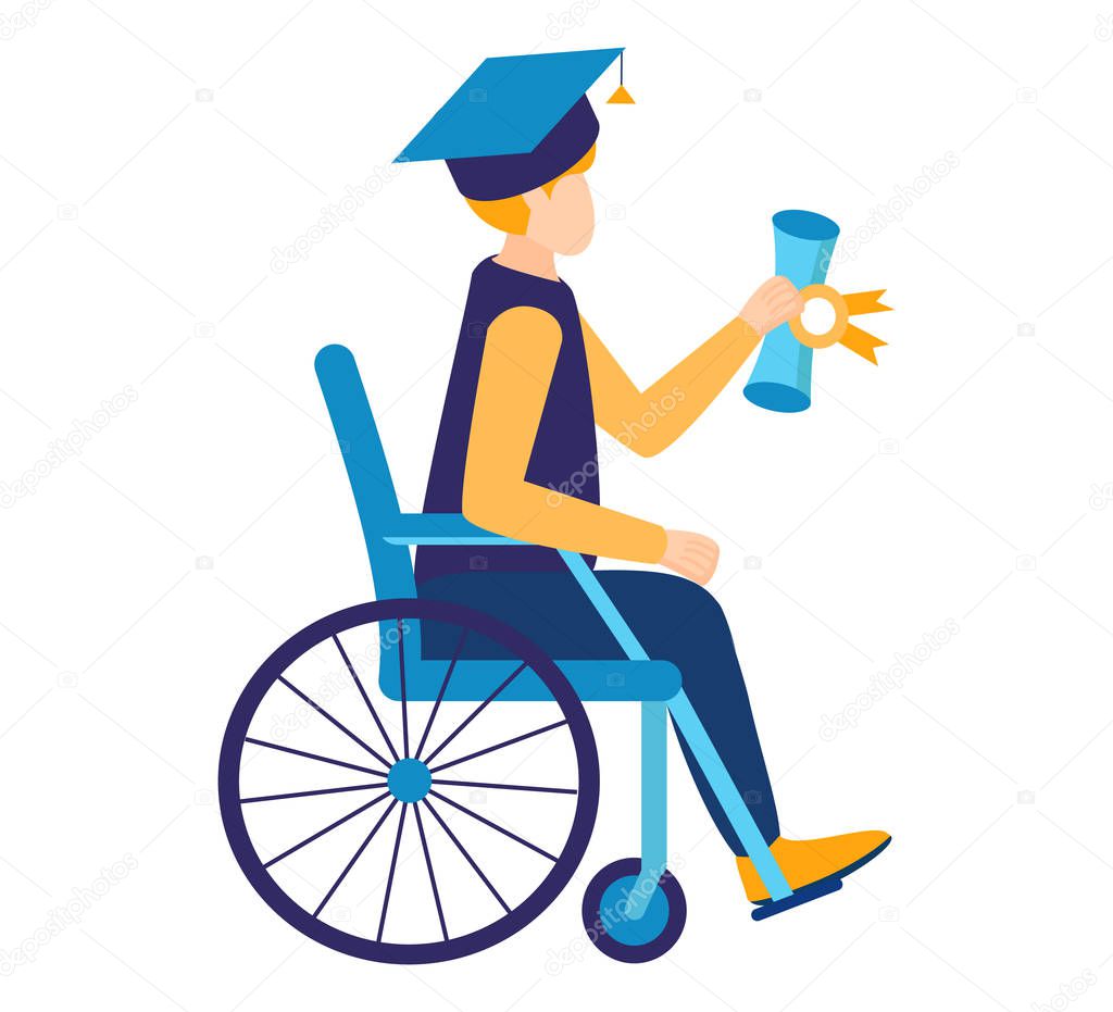 Inclusive affordable education. A graduate of a disabled student in a wheelchair has learned from the program of a school, university. Home, online and full-time study. Vector illustration isolated