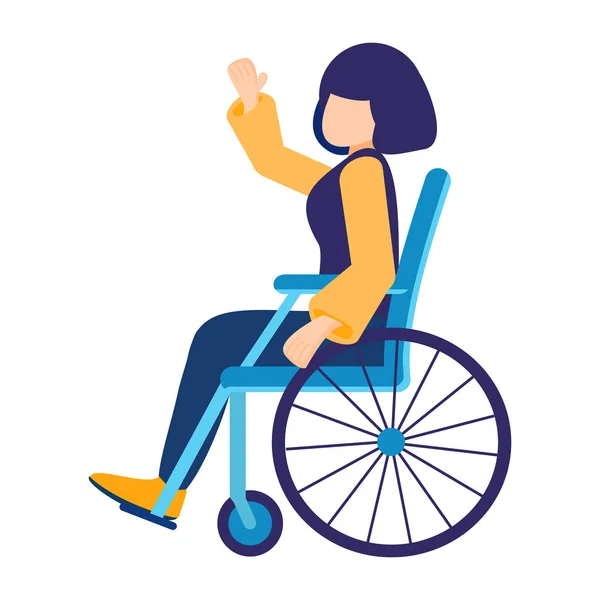 Jeune femme caucasienne handicapée assise en fauteuil roulant. Fille heureuse vivant avec un handicap. Concept d'égalité des chances. Caractère handicapé. Illustration vectorielle isolée . — Image vectorielle