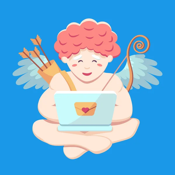 Il blogger baby cupid risponde con attenzione alle lettere in arrivo e invia vibrazioni d'amore in un computer portatile e si siede in modo trasversale rilassato su sfondo blu isolato. Illustrazione vettoriale per San Valentino . — Vettoriale Stock