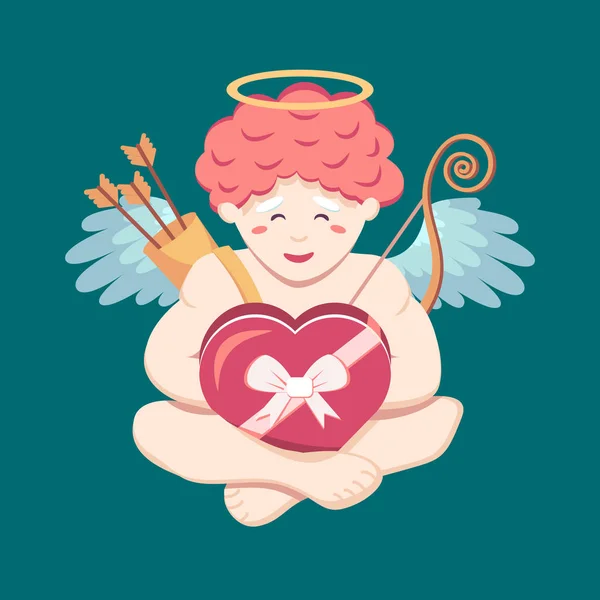 Cute little angel cupid is happy with a box of chocolates with a ribbon and a bow in his hands. Cherub levitates. Vector isolated illustration for the seasonal ferval holiday of St. Valentine's Day. — Stock Vector