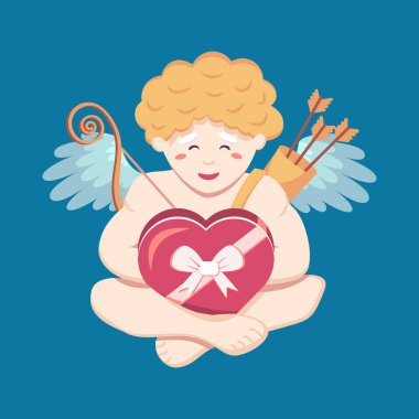 Şirin kıvırcık aşk tanrıçasının elinde kalp şeklinde bir fiyonk var. Aşk tanrısı bacak bacak üstüne atarak oturur ve çikolata, şeker, şeker yer. Sevgililer Günü vektör illüstrasyonu düz stil modern. Düğün davetiyeleri için.