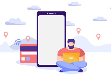Beyaz ekranlı akıllı telefon şablonu. Manyetik bantlı bir banka kartının arkası. Genç bir adam elinde dizüstü bilgisayarla dağların arka planında lokasyon iğneleriyle oturuyor. Vektör düz resimleme.