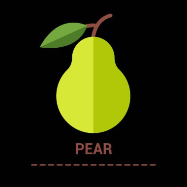 Yapraklı armut. Siyah izole edilmiş arka planda meyvemsi düz renkli simge. Yeşil armut. Siluet sembolü. Vektör illüstrasyonu izole edildi.