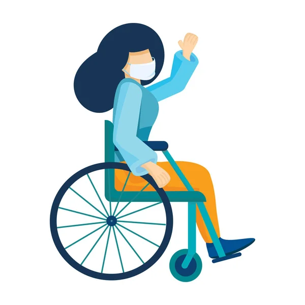 Mladá Běloška Lékařské Masce Sedící Invalidním Vozíku Dívka Dlouhými Vlasy — Stockový vektor
