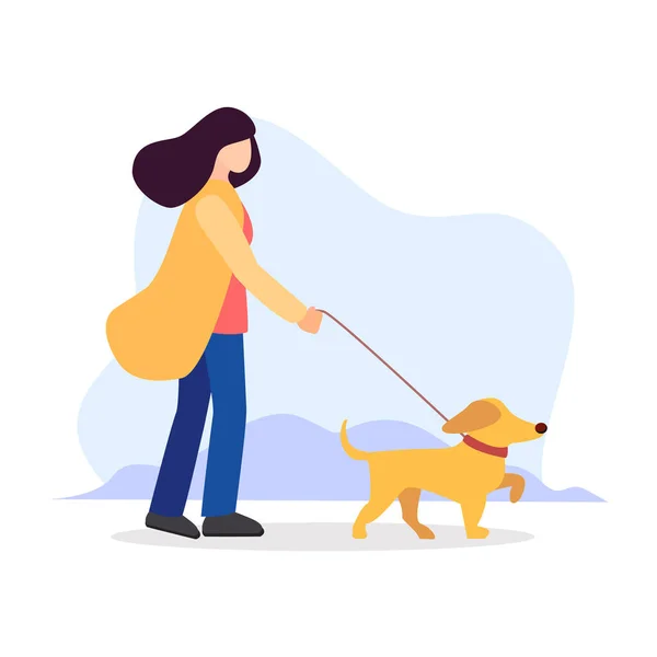 Pet sitting. Woman with dog on leash. Pet owner. Obedient animal. Vector isolated flat cartoon modern illustration in blue background. — Stock Vector