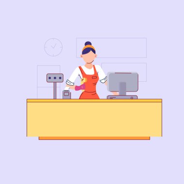 Kırmızı üniformalı kasiyer süpermarketteki alışveriş merkezinin kasasının arkasında duruyor ve resepsiyonisti tutuyor. Vektör düz modern illüstrasyon. Kiracı, Cashbox ve yazarkasa dükkanında.