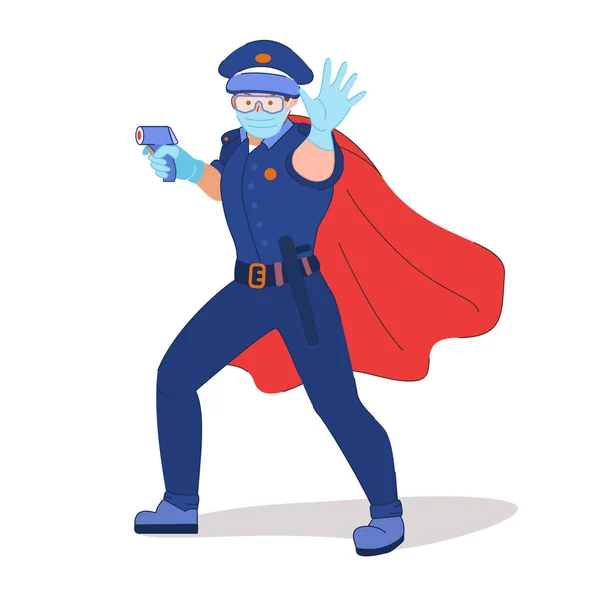 医療用保護マスクとゴム手袋の警察官は彼の手でストップジェスチャーを作ります。赤外線温度を測定する銅。海上保安官の英雄だ。隔離管理。コロナウイルスの予防 — ストックベクタ
