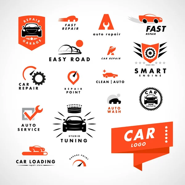 Flat simple minimalistic car logo set. Auto icon isolated on white  background. Repair service logo, garage logo, auto tuning studio emblem.  Vector illustration. - Stock Image - Everypixel