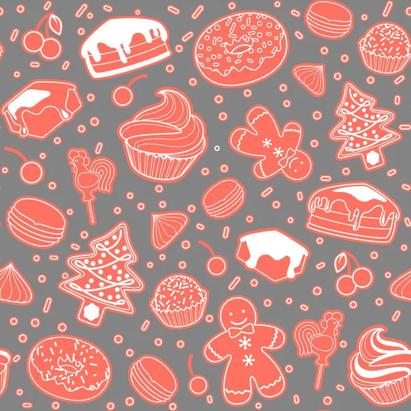 Dessert motif vectoriel sans couture avec des éléments de Noël. Art linéaire . — Image vectorielle