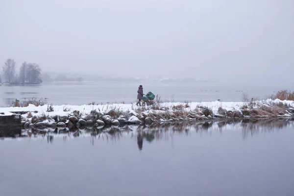 Mor promenader med barnvagn nära lake på vintern — Stockfoto