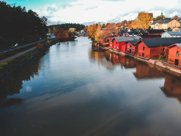 Aerial view of the old red house and barns by the river. Photo taken from a drone. Finland, Porvoo. — Stock Photo, Image
