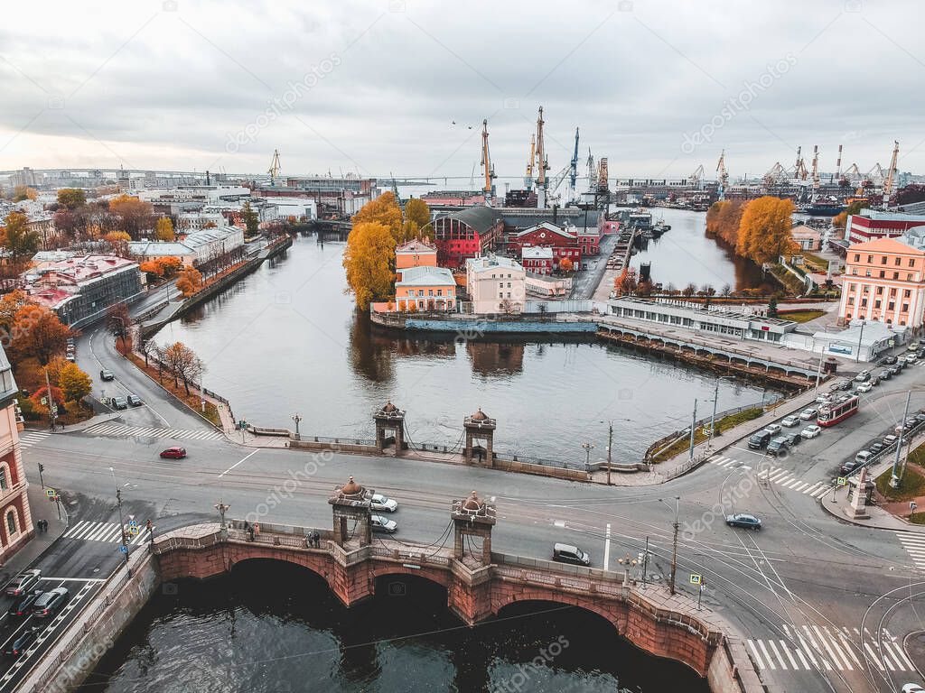 Aerial view of the Fontanka river, port, shipyard. St. Petersburg, Russia.