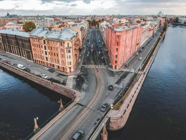 Aerial view of the Fontanka river, the historic center of the city, authentic houses. St. Petersburg, Russia. — Stockfoto