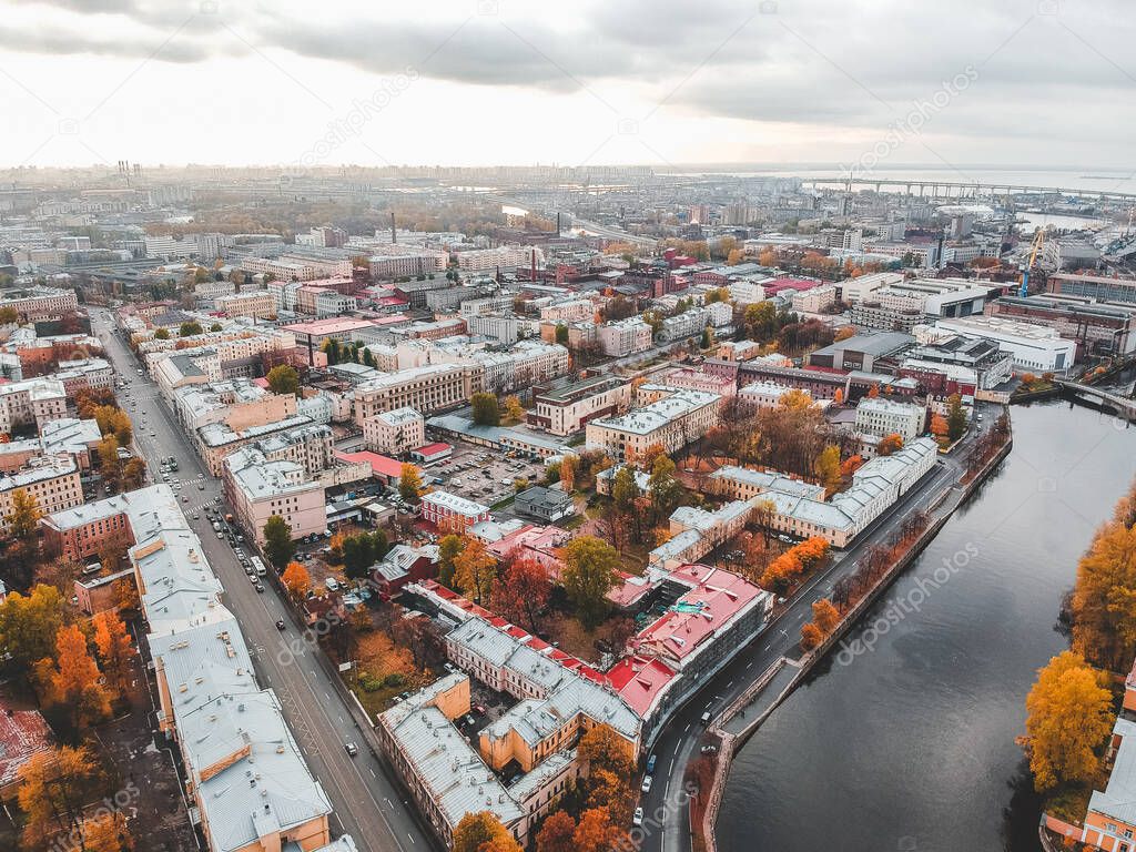 Aerial view of Griboyedov canal, roofs of historic houses in the city center. St. Petersburg, Russia