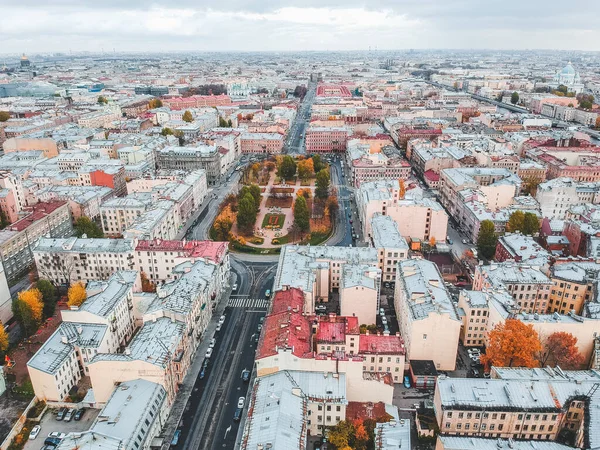 Aerial view Garden street, the roofs of historic houses in the city center. St. Petersburg, Russia.