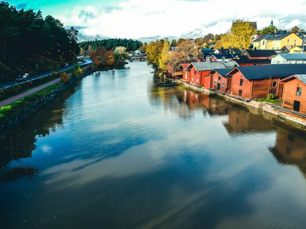 Aerial view of the old red house and barns by the river. Photo taken from a drone. Finland, Porvoo. — Stock Photo, Image