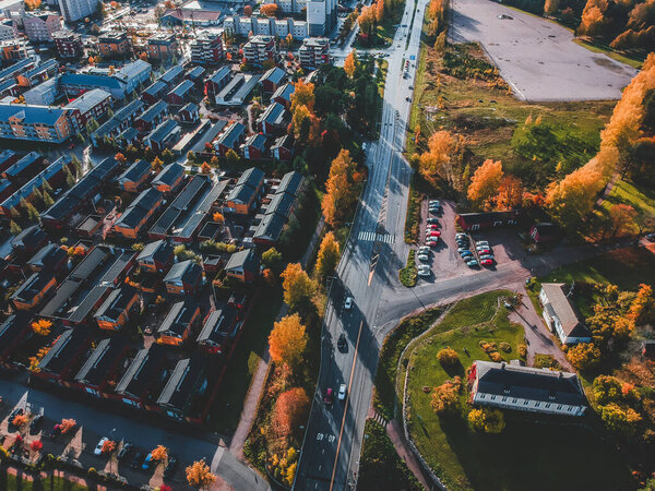 Aerial view of the historic city center, old houses, roofs, streets. Photo taken from a drone. Finland, Porvoo.