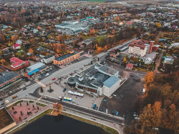 Flygfoto över förortsbostäder i höstskogen. Sankt Petersburg, Ryssland. — Stockfoto