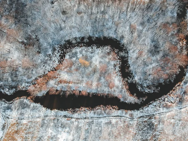 Uitzicht vanuit de lucht op de rivier en besneeuwd bos, eiland met bomen bedekt met sneeuw, winter. Oostenrijk. — Stockfoto