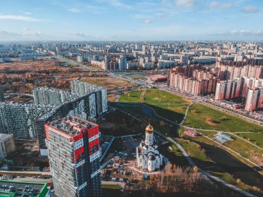 Ariel manzaralı apartmanlar, modern mimari. Rusya, Saint Petersburg.