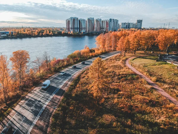 Vista aérea del bosque otoñal a lo largo del río Neva. Rusia, San Petersburgo . — Foto de Stock