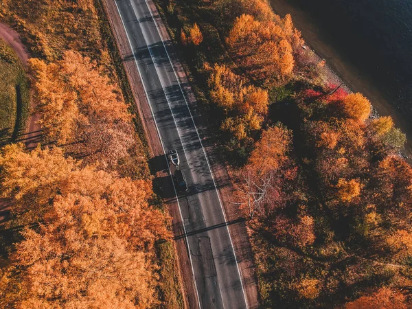 美丽的秋天森林中的空中风景. 美丽的风景与空旷的乡村道路，树木与红色和橙色的叶子。 穿过公园的高速公路 从无人驾驶飞机上看到的 俄罗斯，圣彼得堡 — 图库照片