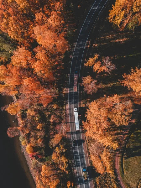 Luftaufnahme der Straße im schönen Herbstwald. wunderschöne Landschaft mit leeren Landstraßen, Bäumen mit roten und orangen Blättern. Autobahn durch den Park. Blick aus der fliegenden Drohne. russland, st. petersburg — Stockfoto