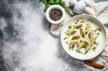 Etli hamur tatlısı, ravioli. Doldurulmuş hamur tatlısı. Gri arka plan. Üst Manzara. Metin için boşluk