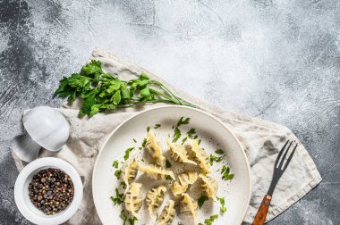 Etli hamur tatlısı, ravioli. Doldurulmuş hamur tatlısı. Gri arka plan. Üst Manzara. Metin için boşluk