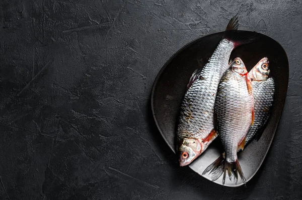 Carpa cruda cruciana en un plato negro. Pescado ecológico del río. Fondo negro. Vista superior. Espacio para texto —  Fotos de Stock