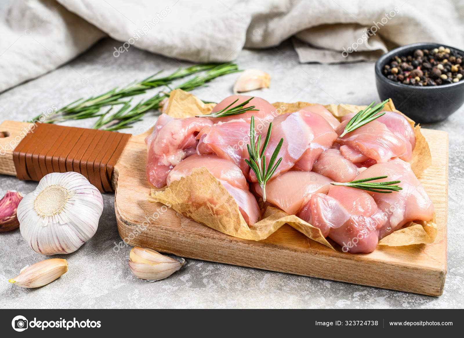 Chicken Thigh Fillet Cut Into Cubes Gray Background Top View Stock Photo Image By C Composter Box Mail Ru 323724738