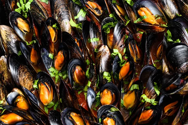 Cozze in salsa di pomodoro con prezzemolo ed erbe aromatiche in stile italiano. Fondo nero. Vista dall'alto — Foto Stock