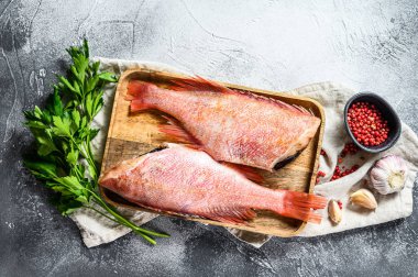 Çiğ kızıl deniz levreği. Gri arka plan. Üst görünüm