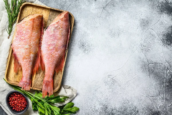 Çiğ kırmızı levrek. Gri arka plan. Üst Manzara. Metin için boşluk