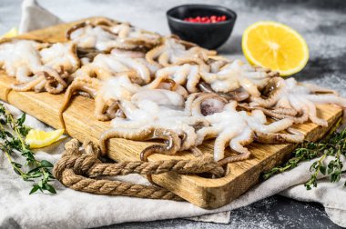 Tahta bir kasede kekik ve limonlu çiğ bebek ahtapot. Organik deniz ürünleri. Gri arka plan. Üst görünüm