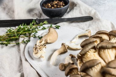 Beyaz kesim tahtasında kekik ile taze istiridye mantarları. Gri arka plan. Üst görünüm