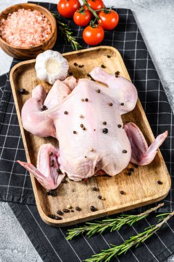 Baharatlı ve baharatlı çiğ tavuk. Gri arka plan. Üst görünüm