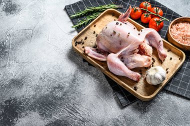 Bütün tavuğu pişirme kavramı. Biberiye, pembe tuz, sarımsak ve kiraz domatesleri. Gri arka plan. Üst Manzara. Metin için boşluk