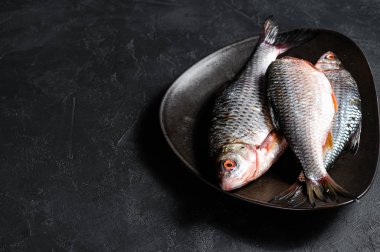 Siyah tabakta çiğ sazan balığı. Nehir organik balığı. Siyah arka plan. Üst Manzara. Metin için boşluk