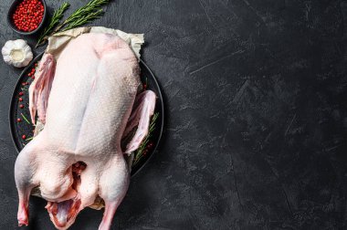 Çiğ ördek, pembe biber ve biberiye. Siyah arka plan. Üst Manzara. Metin için boşluk