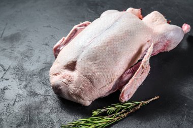 Çiğ ördek, pembe biber ve biberiye. Siyah arka plan. Üst görünüm