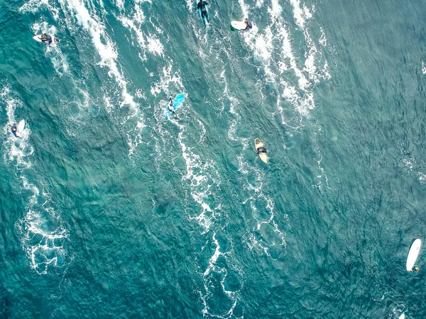 Aerial view of surfers in the azure waters of the Atlantic ocean. Top view. Selectivity focus — Stock Photo, Image