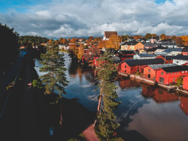 Aerial view of the old red house and barns by the river. Photo taken from a drone. Finland, Porvoo. — Stock Photo, Image