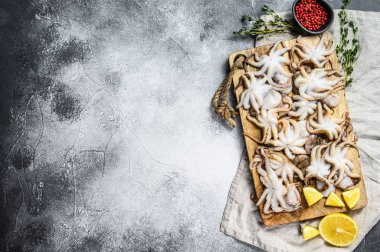 Tahta bir kasede kekik ve limonlu çiğ ahtapot. Organik deniz ürünleri. Gri arka plan. Üst Manzara. Metin için boşluk